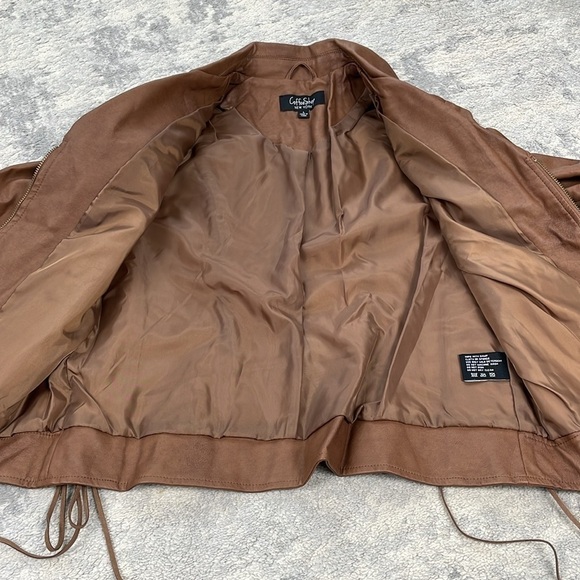 Coffee Shop Faux Leather Vegan Jacket Boho Moto Lace Up Ties Brown Sz L - Picture 13 of 14